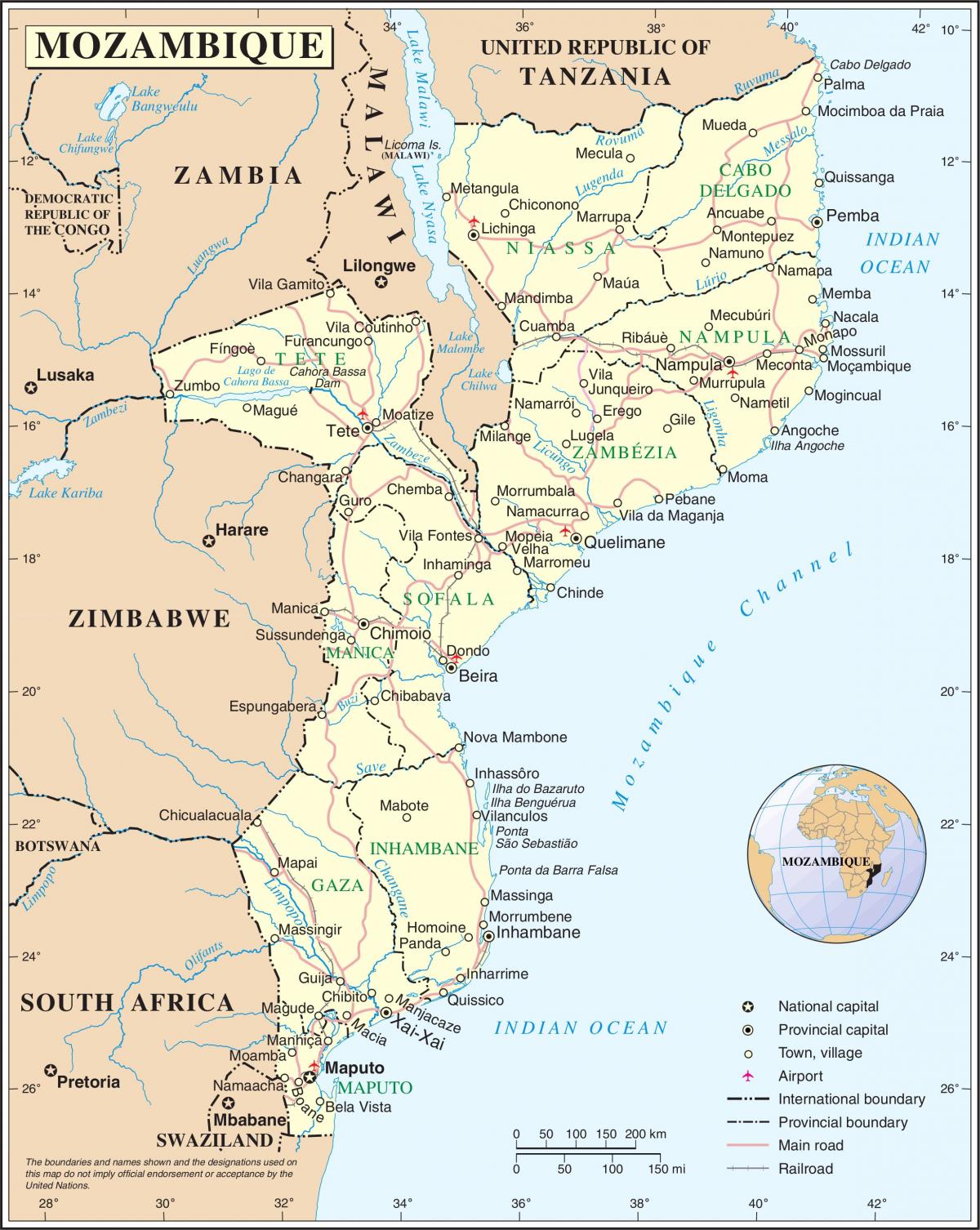 aéroports de Mozambique sur une carte