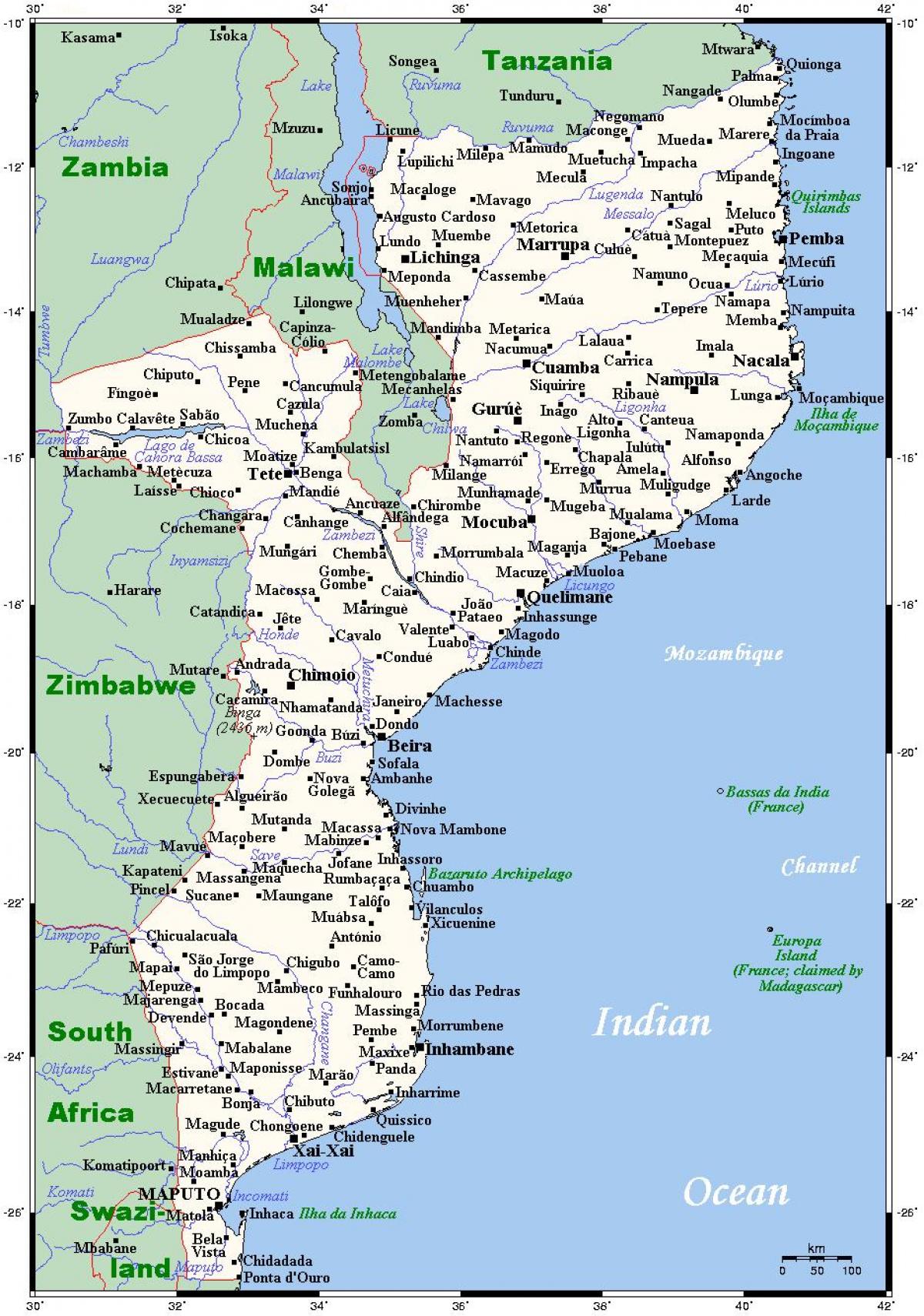carte des villes de Mozambique